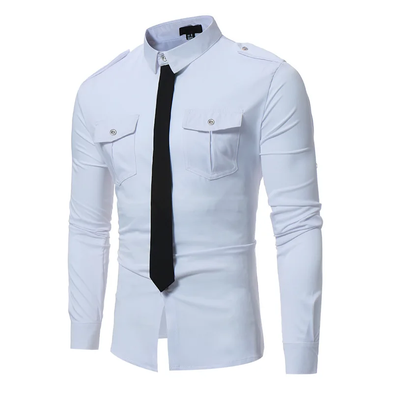 Double Pocket Military Style Black Shirt Men Casual Contrast Color Fake Tie Social Shirt Male Slim Fit Long Sleeve Chemise