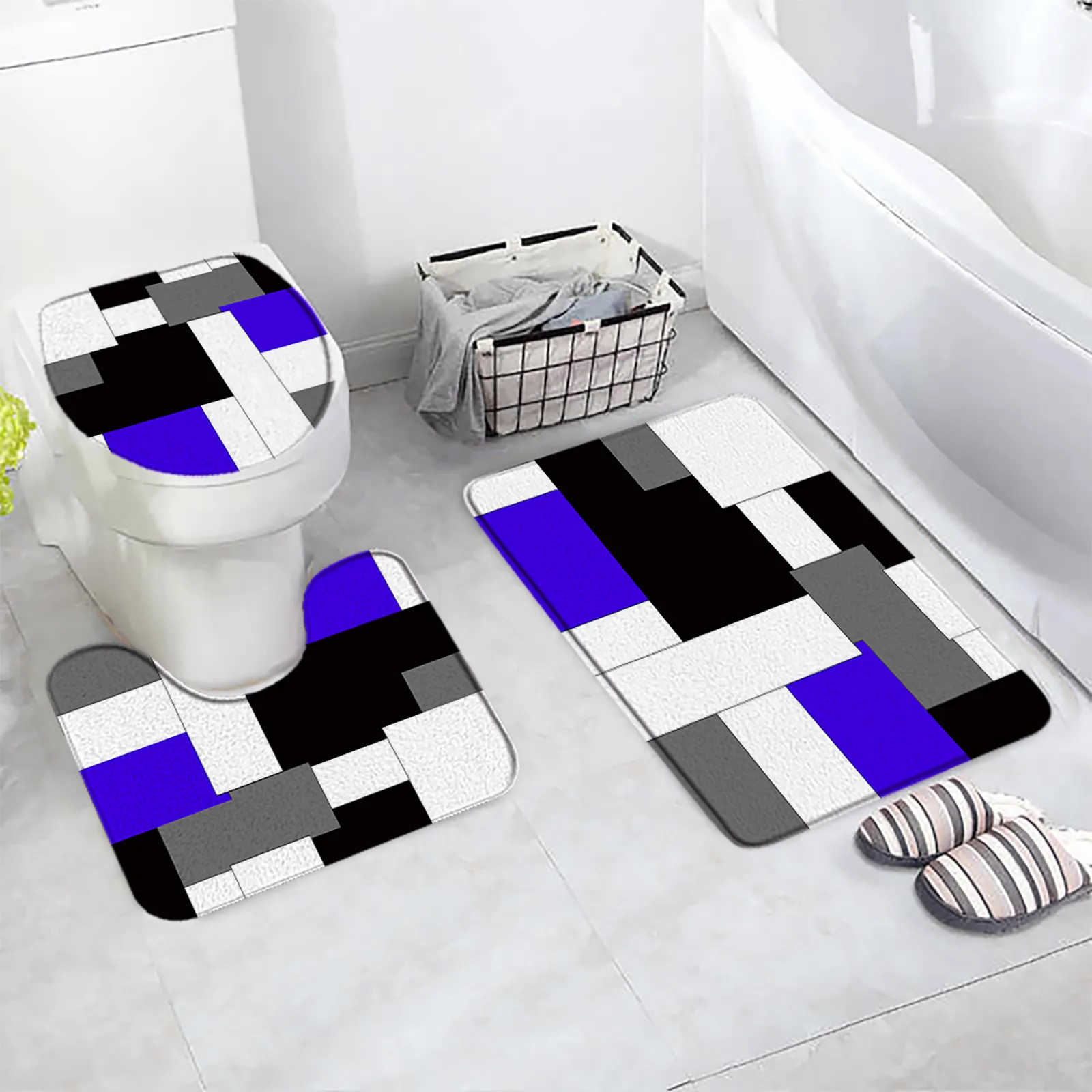 Creative Geometric Bath Mats Set Black Gray White Orange Splicing Pattern Home Bathroom Carpet Door Rug Anti-Slip Toilet Lid Mat