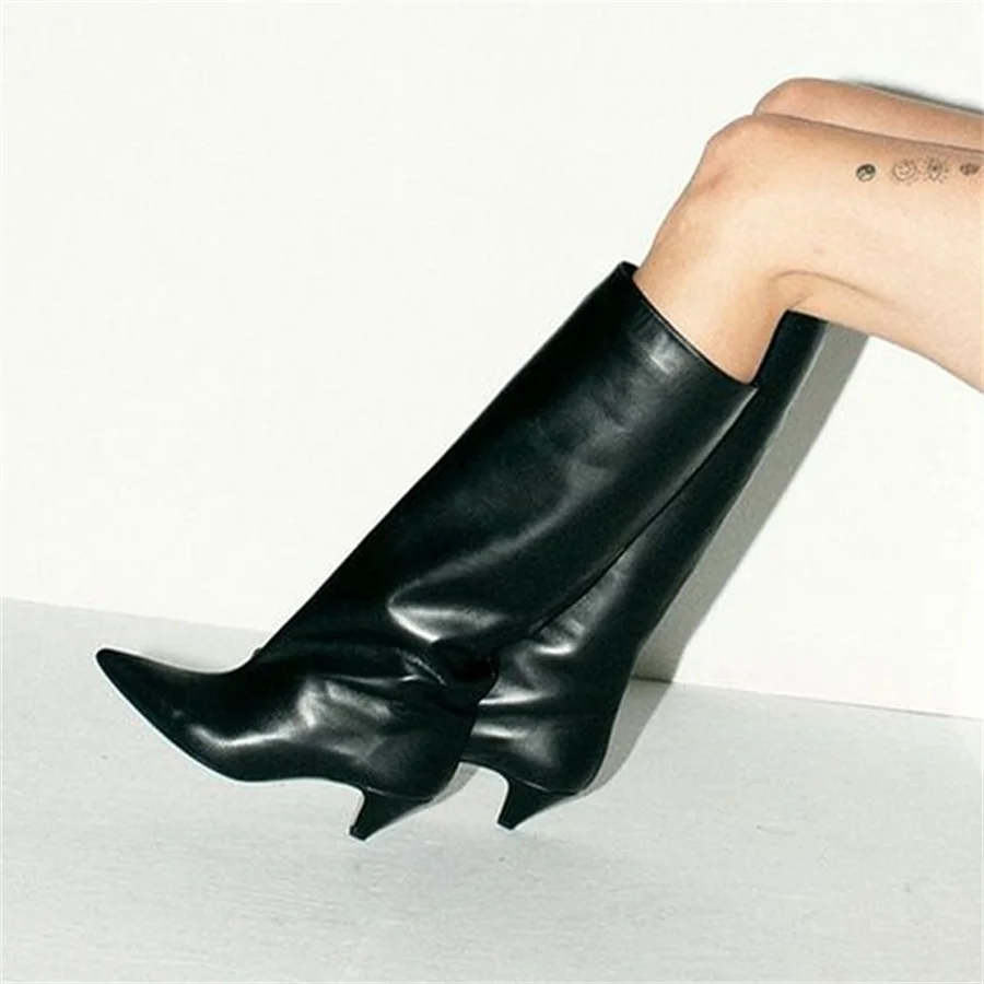 

Black&Sliver Pointed Toe Cone Heel Wide Calf Below The Knee Boots for Women