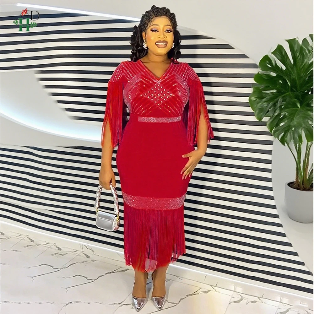 エレガントなアフリカンドレス レディース 新作 高級 ダイヤモンド タッセル Vネック ハイウエスト パッケージ 誕生日パーティー ローブ ミニ ブブ オフィスウェア