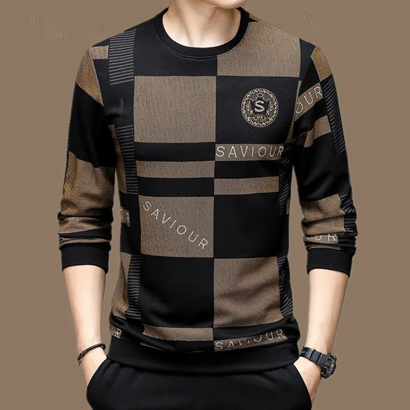 Spring Autumn New Male Clothes Trend Printed Round Neck Tops 2023 Fashionable Long Sleeve High Quality Luxury Men\'s T-shirt