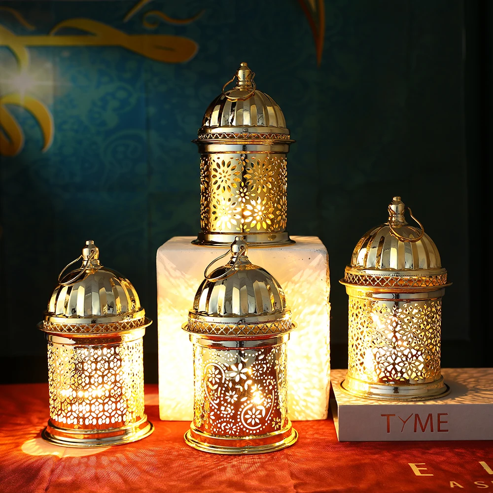 Gold Metal Lantern Lights Fancy Dome Ramadan Decoration Lamp With Music Eid Mubarak Home Decors Islamic Muslim Gifts Eid al-Fitr