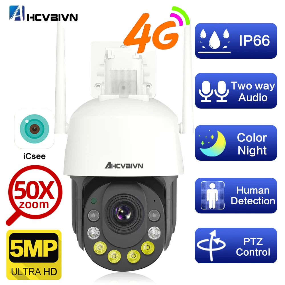 Câmera de Vigilância CCTV ao ar livre impermeável, Zoom Óptico de Segurança, Câmera PTZ WiFi, Áudio 2-Way, Acesso Remoto, 4G, 4K, 8MP, 6MP, 50 MP