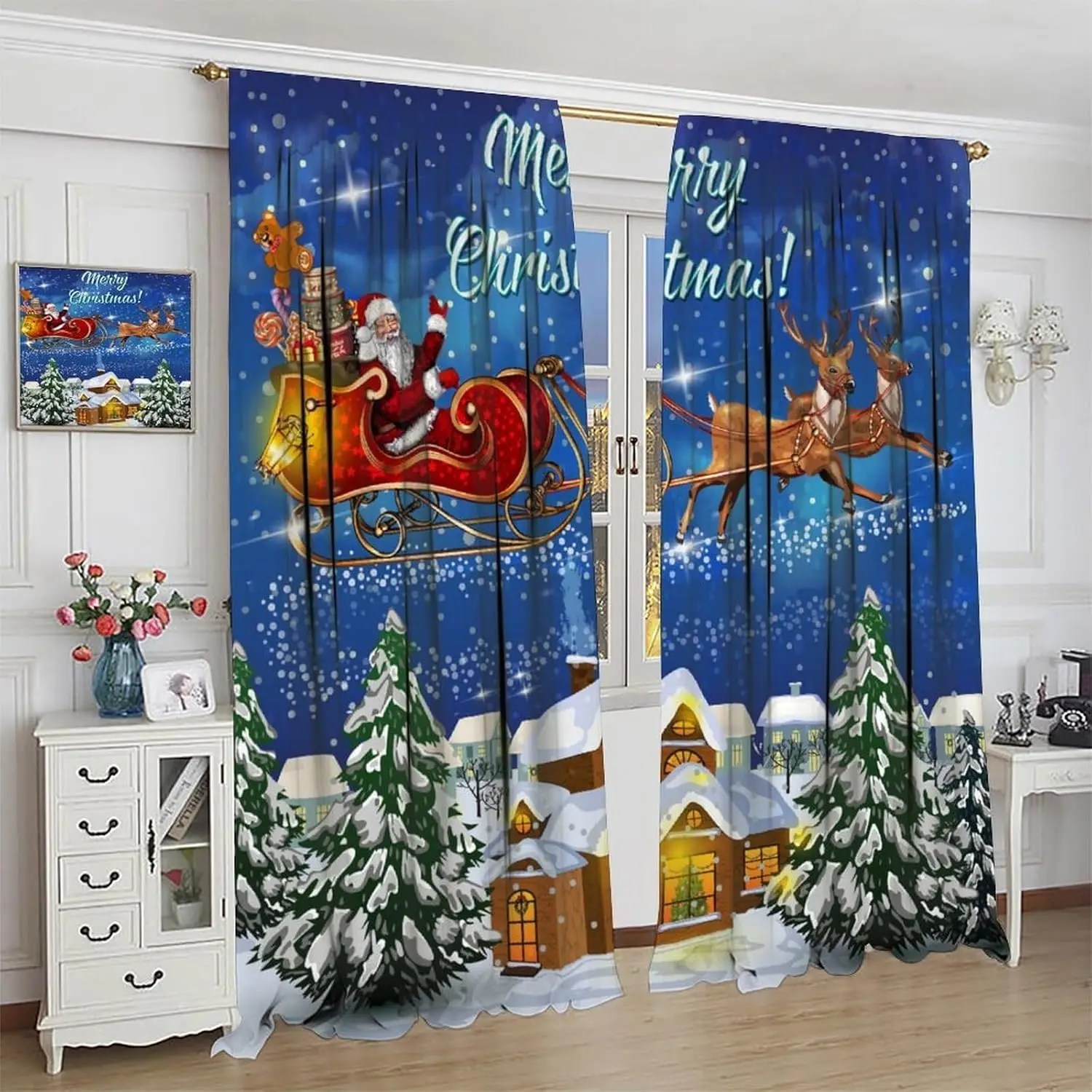 Winter Christmas Curtains, Christmas Tree Snowman Moon Santa Claus Sleigh Window Treatments, Rod Pocket Thermal Insulated Drapes