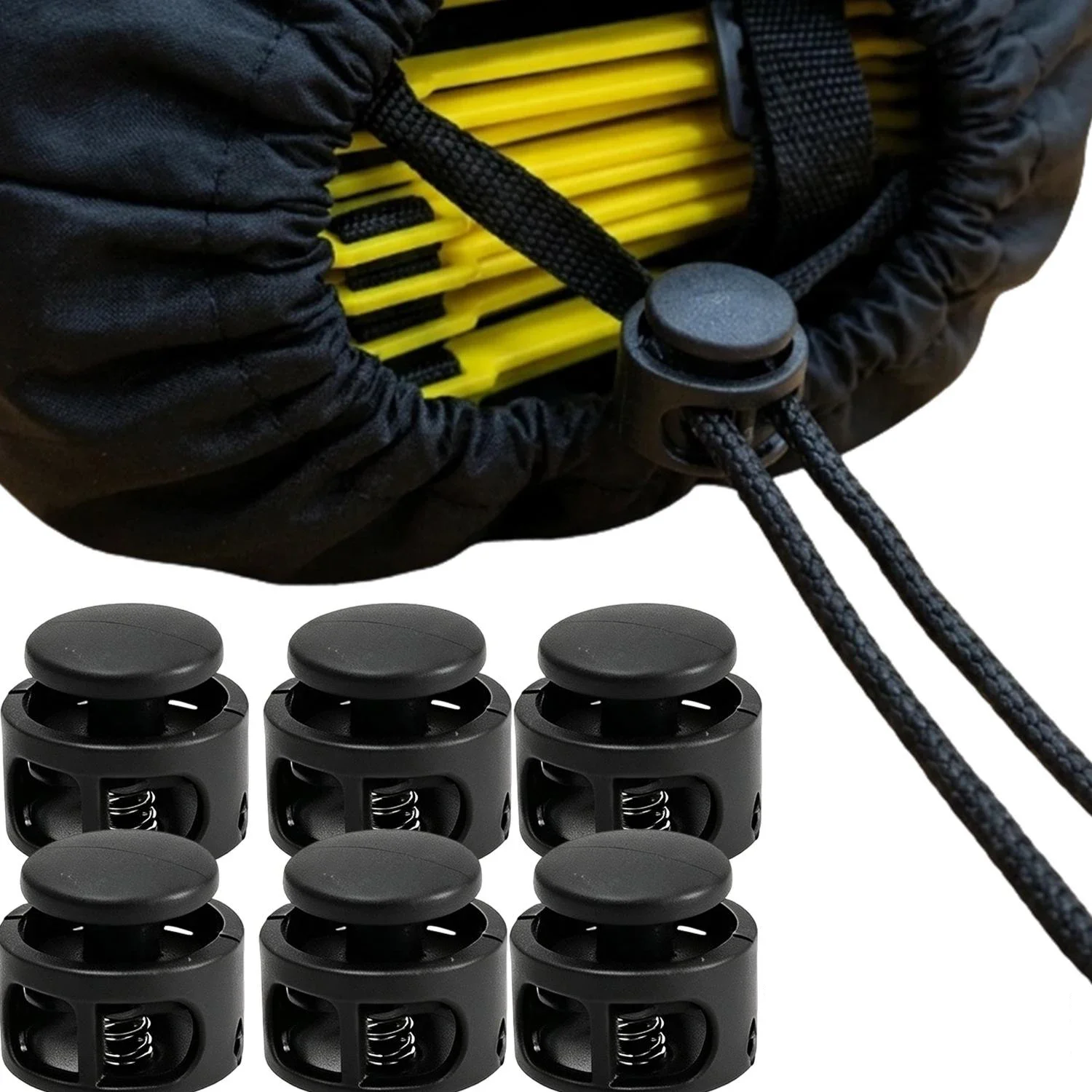 Ein-/Doppelloch-Kordelstopper aus Kunststoff, Schwarz, Kordelenden, Schnallenknöpfe für Schnürsenkel, Hüte, Sportbekleidung, Taschenzubehör – Detail 4