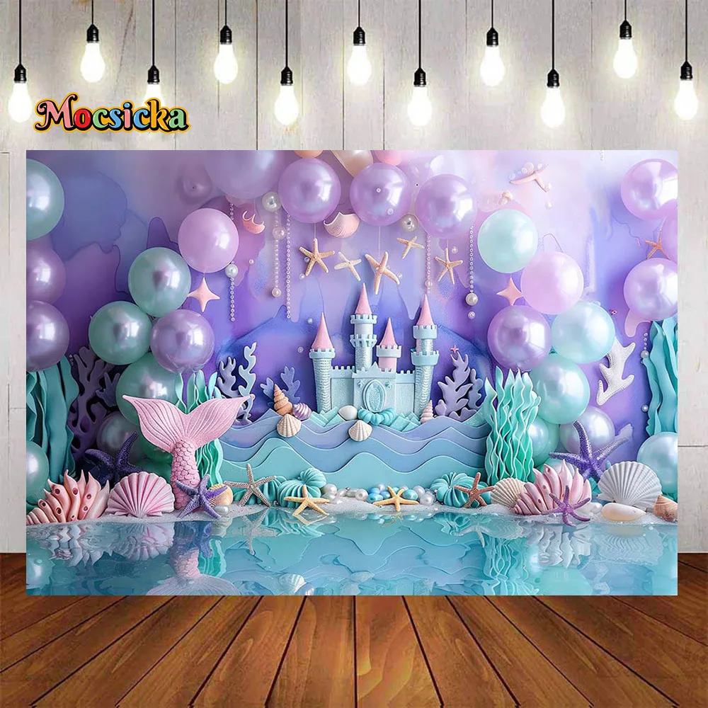 

Little Mermaid Princess Girl Birthday Party Background Purple Castle Arch Balloon Wall Backdrop Kids Cake Smash Photo Studio