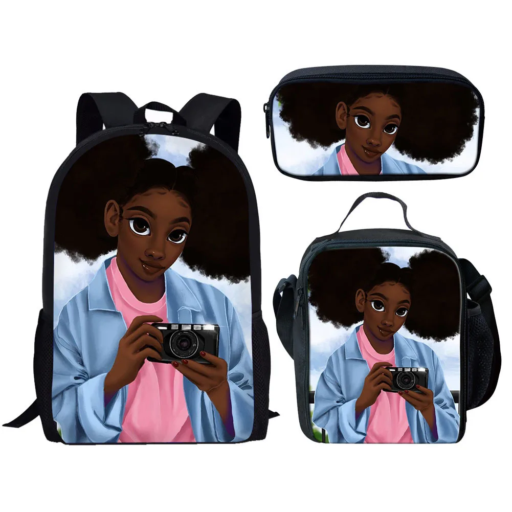 Trendy Popular New Pretty African Girls 3D Printed 3pcs/Set Student School Bags Laptop Daypack Backpack Lunch bag Pencil Case