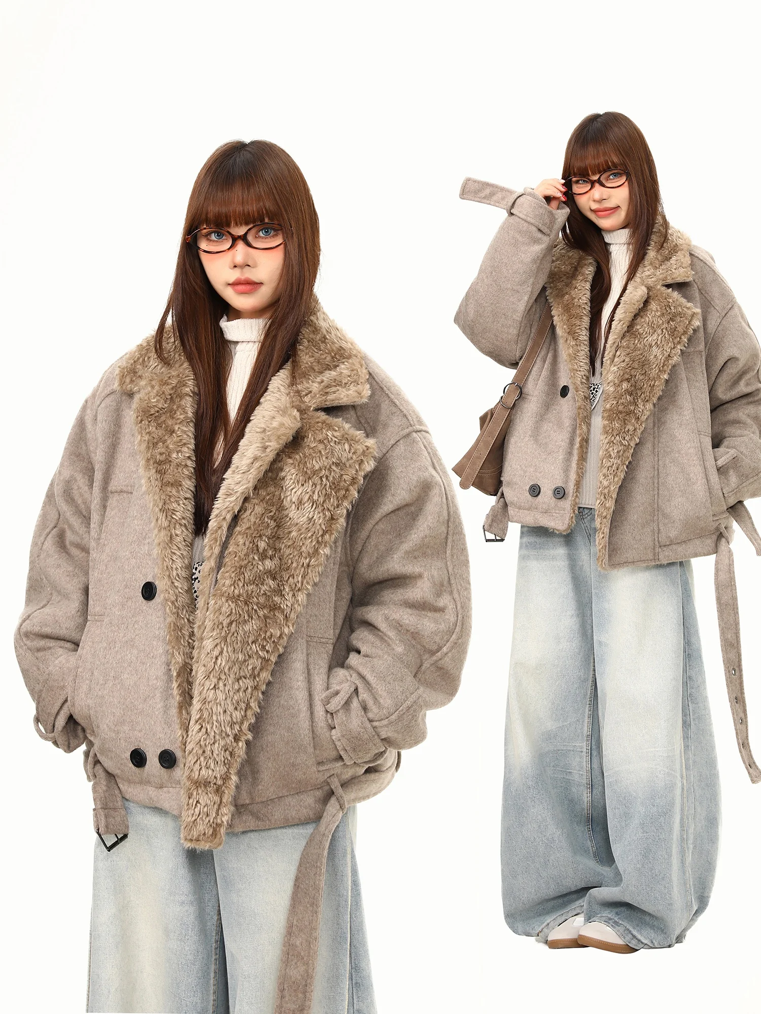 

Женское зимнее пальто Wild AZI: утепленное, шерстяное, свободного кроя, с длинными рукавами, двубортное, однотонное