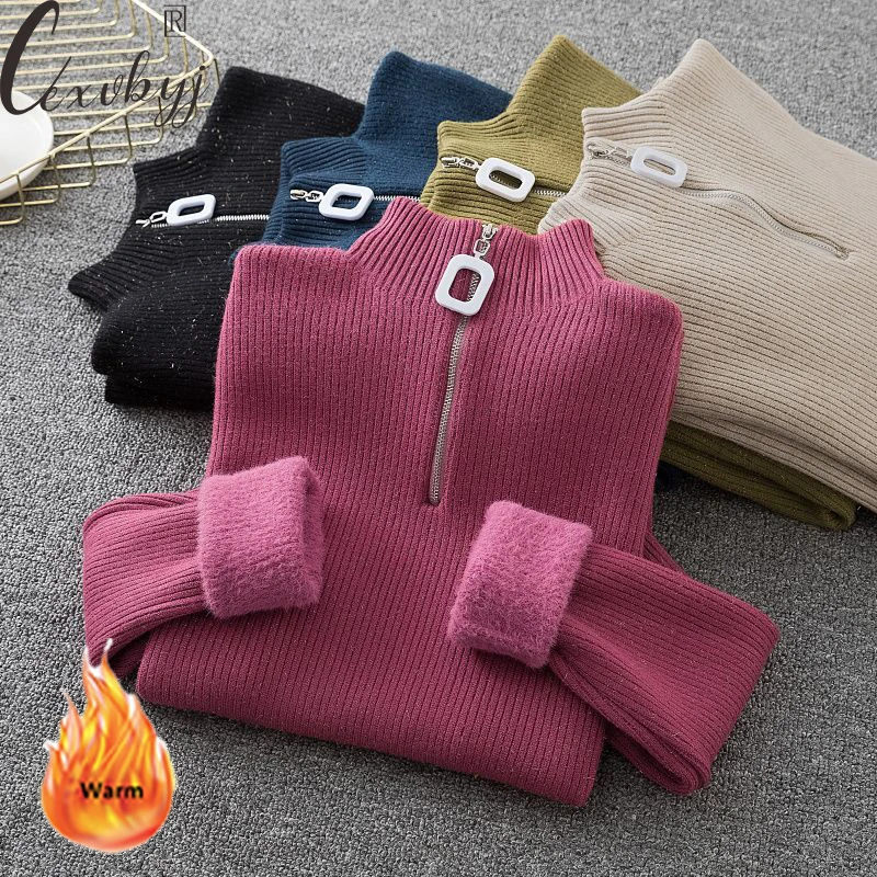 

Korean Zipper Half-Turtleneck Knitted Sweater Women Casual Bright Silk Knitwear Jumper Fleece Lined Long Sleeve Jersey Pullover