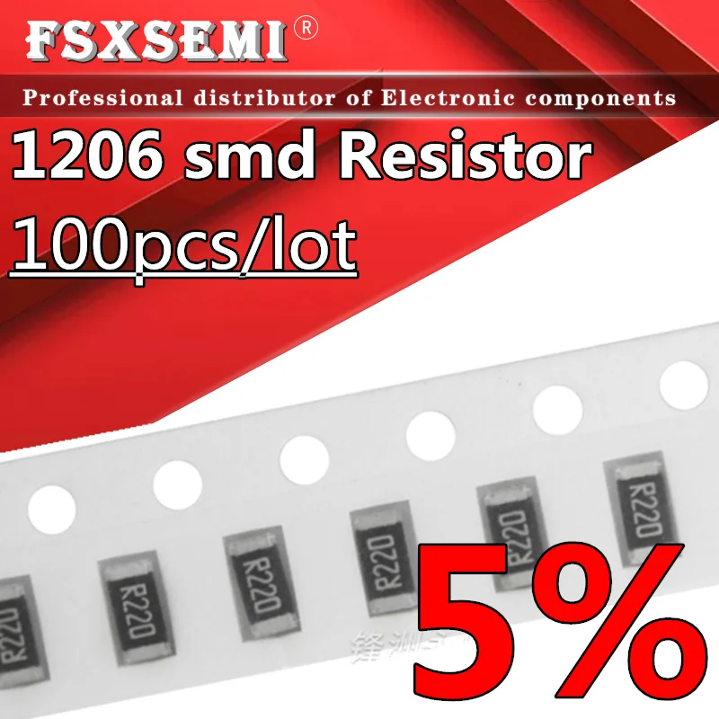 

100pcs 5% 1206 SMD 1/4W chip resistor 0R ~ 10M ohm 0 10R 100R 220R 330R 470R 1K 4.7K 10K 47K 100K 0 10 100 330 470 ohm