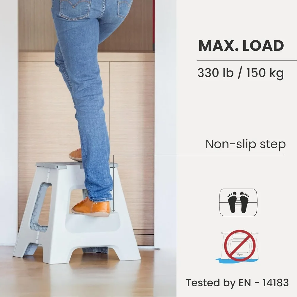 مقعد مدمج قابل للطي مقاس 16 بوصة سلم بخطوتين للبالغين بسعة 330 رطل وخفيف الوزن وغير قابل للانزلاق باللون الرمادي #6