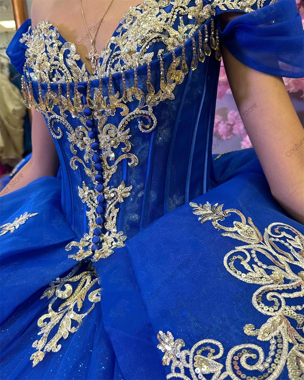 Mexican Light Gold Applique Royal Blue Ball Gown Quinceanera Dress Gowns Lace Up Princess Sweet 15 16 Dress vestidos Customized