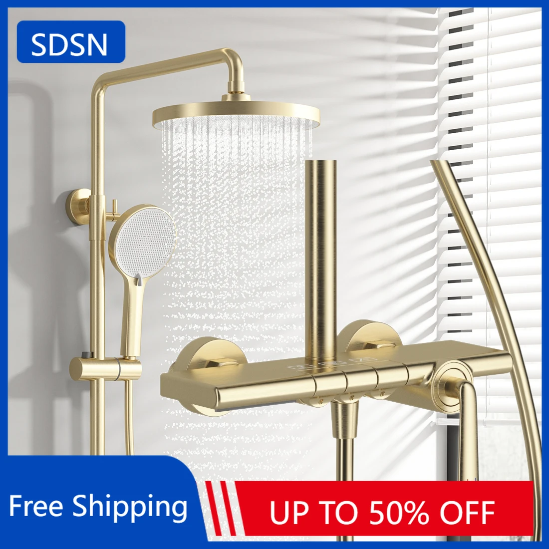 Brushed Gold Waterfall Bathroom Shower System Faucet 12 Inch Rainfall Shower Head Brass Hot Cold Piano Bathroom Shower Set