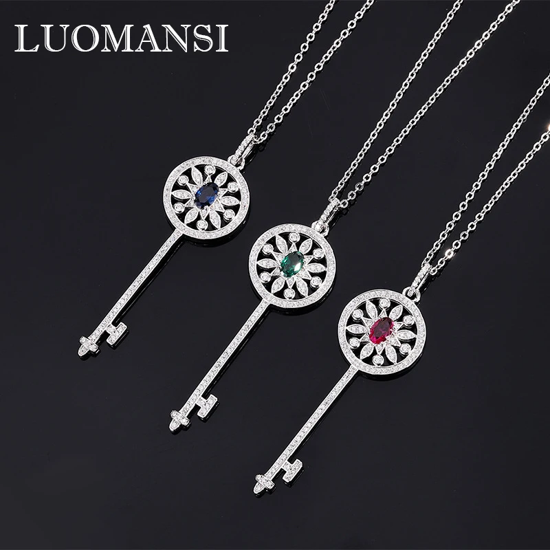 Luomansi 4-6MM Ruby Sapphire Emerald Key Necklace Woman S925 Silver Jewelry Anniversary Party Birthday Gift