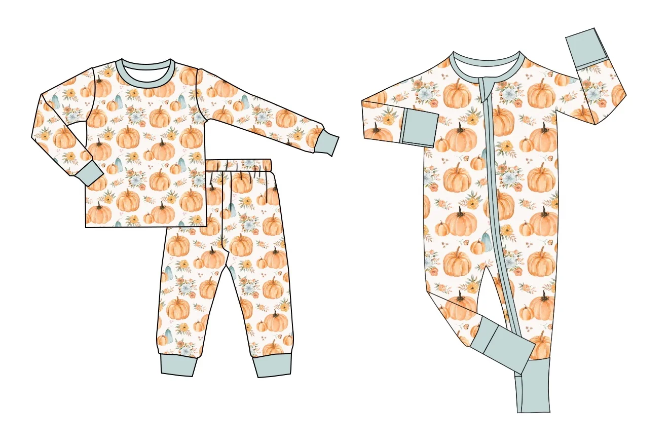 

Thanksgiving Clothing Pumpkin Pattern Long Sleeve Long Pants Pajama Set Newborn Baby Romper Kids Clothes Wholesale