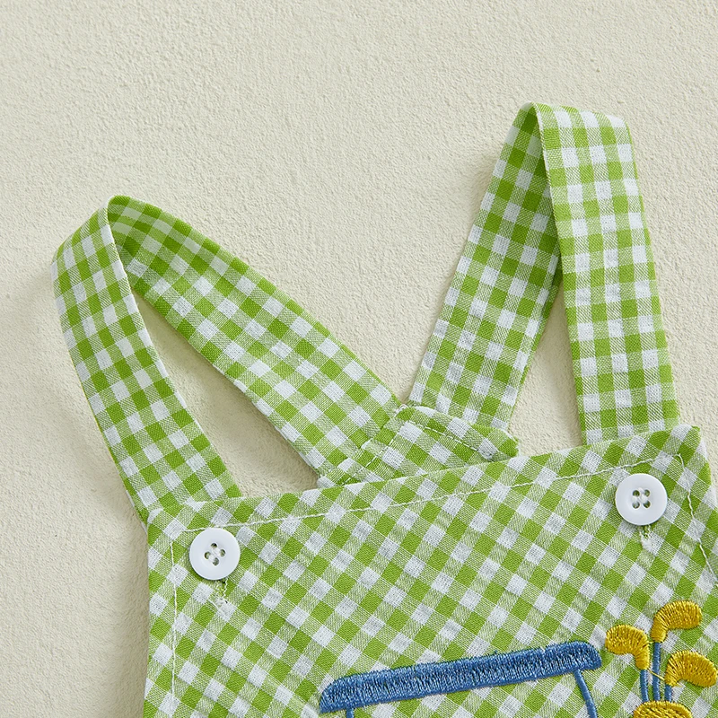 ملابس صيفية للأطفال الأولاد بدون أكمام ورقبة مربعة وعربة جولف مطرزة بحمالات رومبير لحديثي الولادة