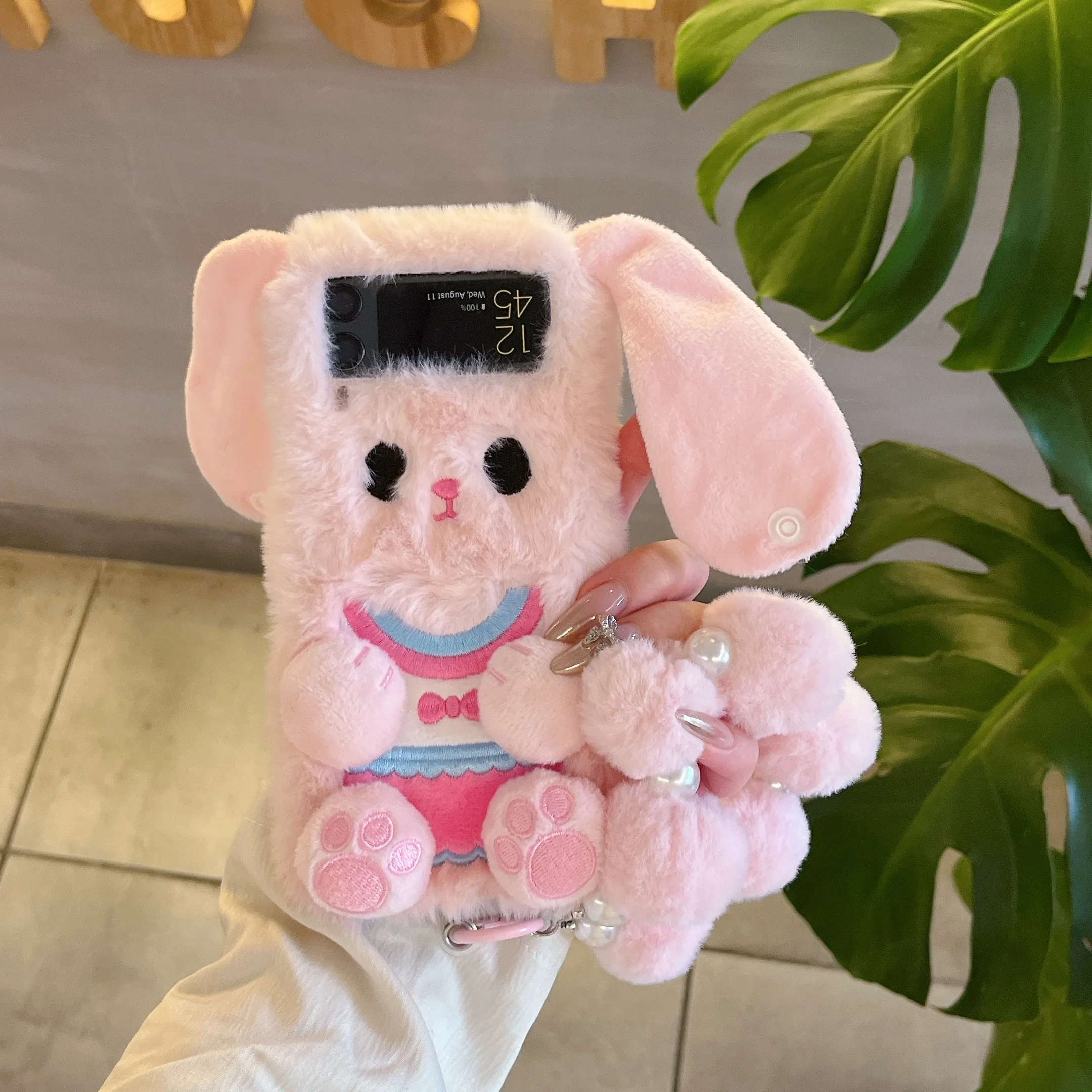 For Samsung Galaxy Z Flip 3 4 5 6 5G Luxury Plush Cute Long Fur Ear Rabbit Bunny Fold Screen Wrist Chain Phone Case Cover