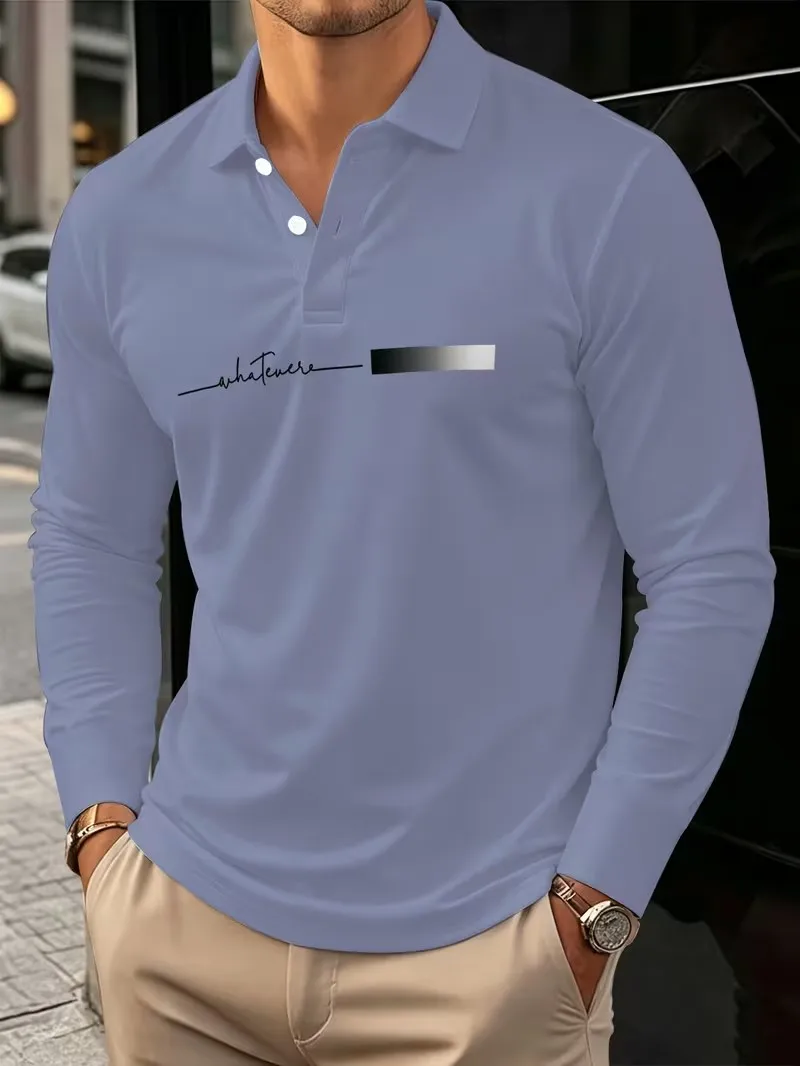 2026 autumn new men's long sleeved POIO shirt, fashionable and casual flip tie button 3D printed men's POIO T-shirt