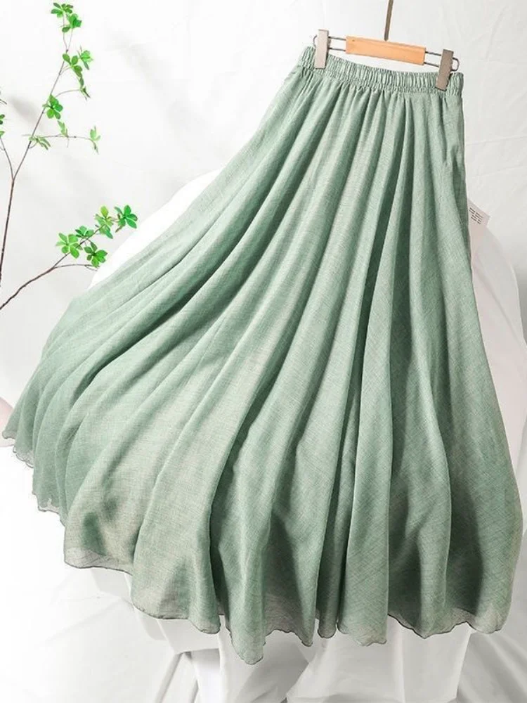 Summer New Women High Quality Cotton Linen Maxi Skirt Casual Elastic High Waist Pleated A-Line Female Beach Skirts