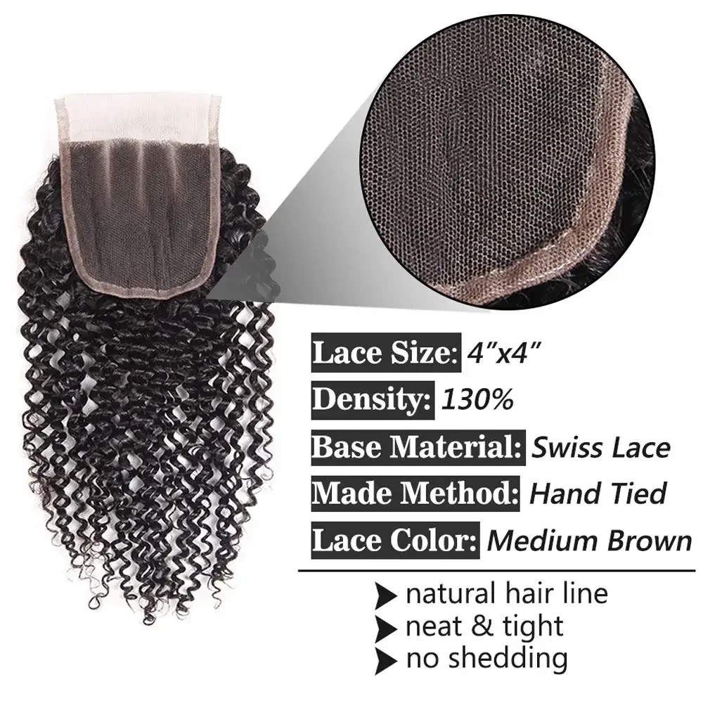 Mongolian Curls Human Hair Closure 130% Density Brazilian Remy Hair 4x4 Lace Closure Only Swiss Lace Human Hair Weaves Closure