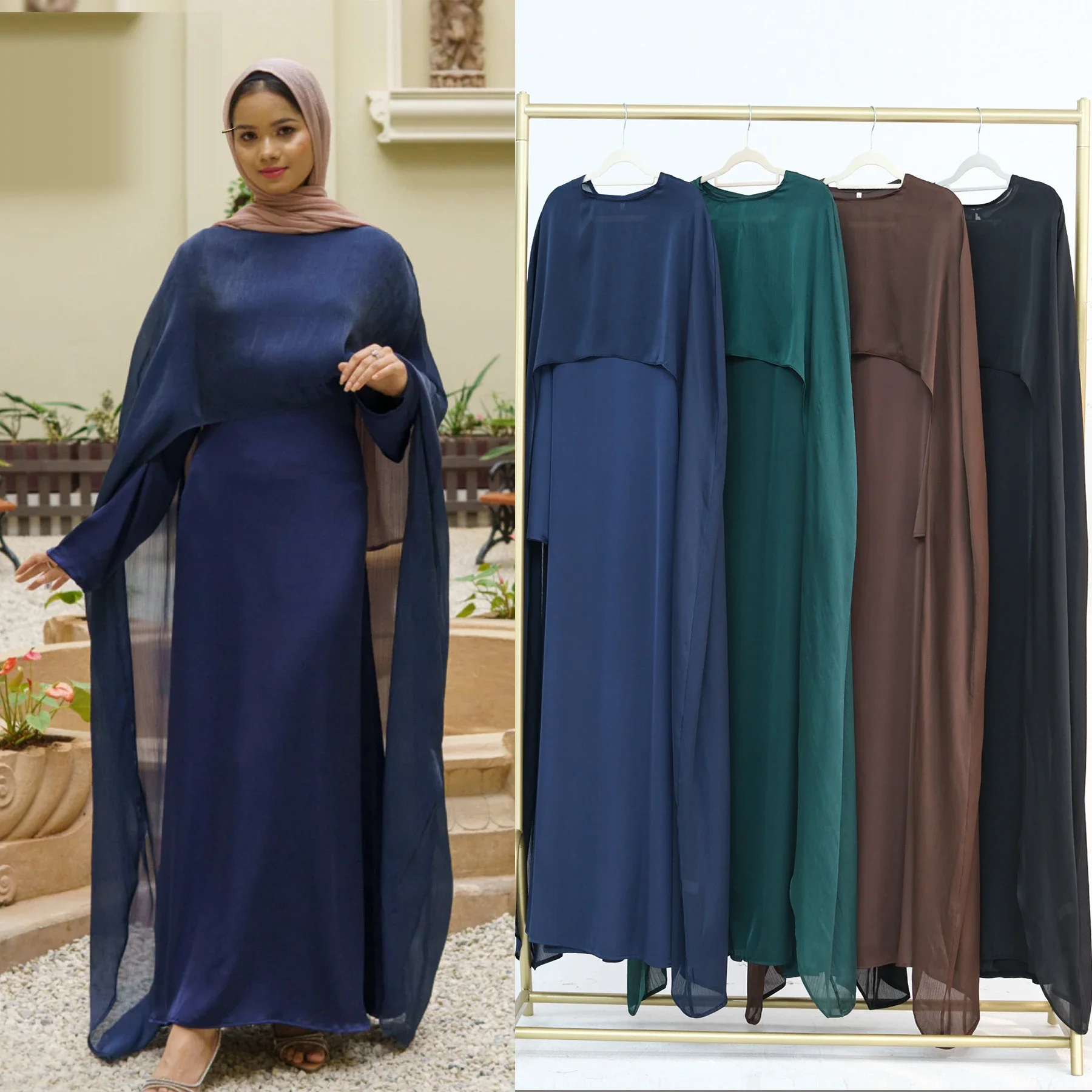 Dubai Abaya Muslim Women Cape Long Dress Set Evening Party Gown Luxury Rhinestone Islamic Arabic Middle East Kaftan Moroccan