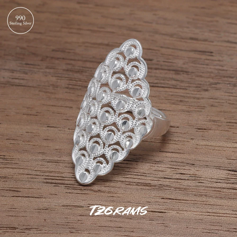 

990 Pure Silver Peacock Feather Ring for Women Hollow out Craved Geometric Rhombus Boho Ethnic Style Jewelry