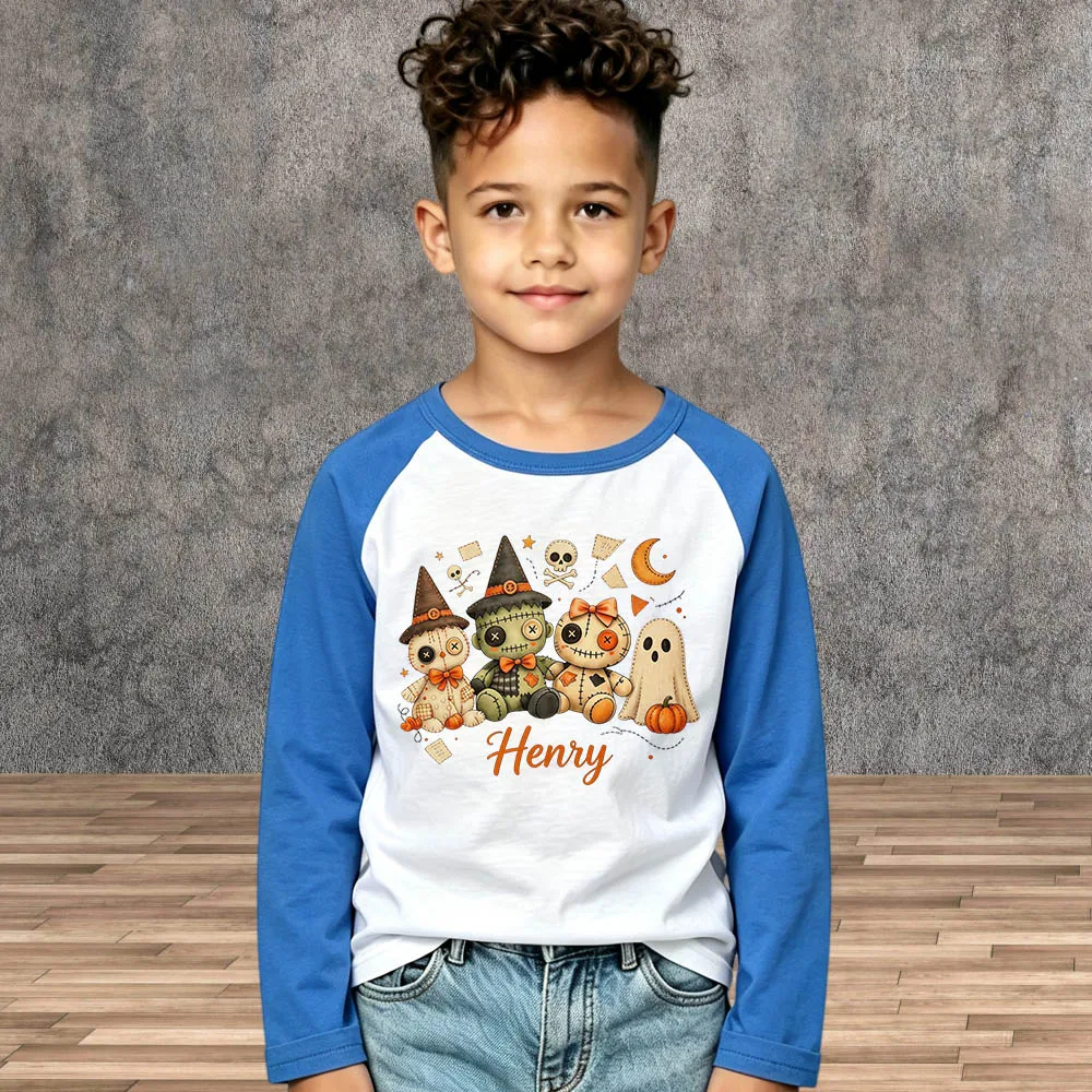 Boys Girls Children Custom Name Spooky Pumpkin T‑Shirt Personalized Halloween Shirt Kids Doll Print Cotton Long Sleeve Tops Tees