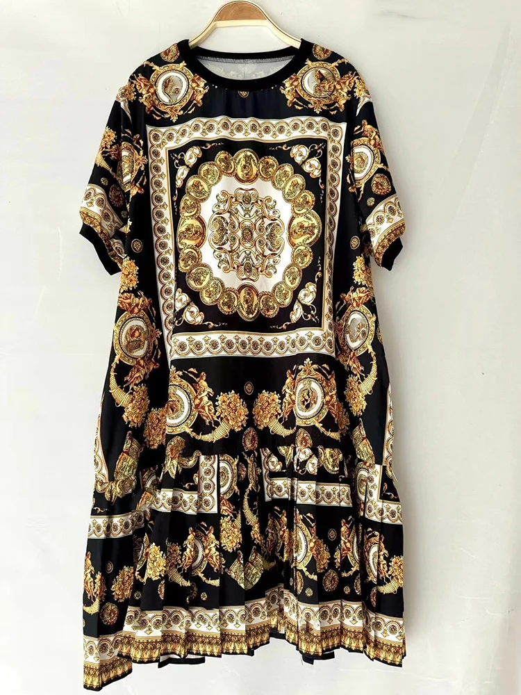 Abito ampio a maniche corte con stampa geometrica dello stilista. Nuovo skir dritto corto pieghettato dal temperamento elegante da donna estivo