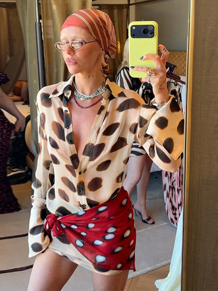 2026 Women Chic Vacation Outfits Fashion Leopard Print Sheer Chiffon Shirt Casual Turn-down Collar Mini Dress & Detachable Scarf 4 2026 Women Chic Vacation Outfits Fashion Leopard Print Sheer Chiffon Shirt Casual Turn-down Collar Mini Dress & Detachable Scarf 4