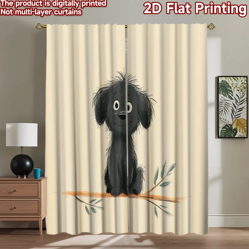 2D flat printing 2pcs Curtains Cute Black Puppy Sitting on Branch Digital Printed Polyester Drapes Festive Wall Decor Use for