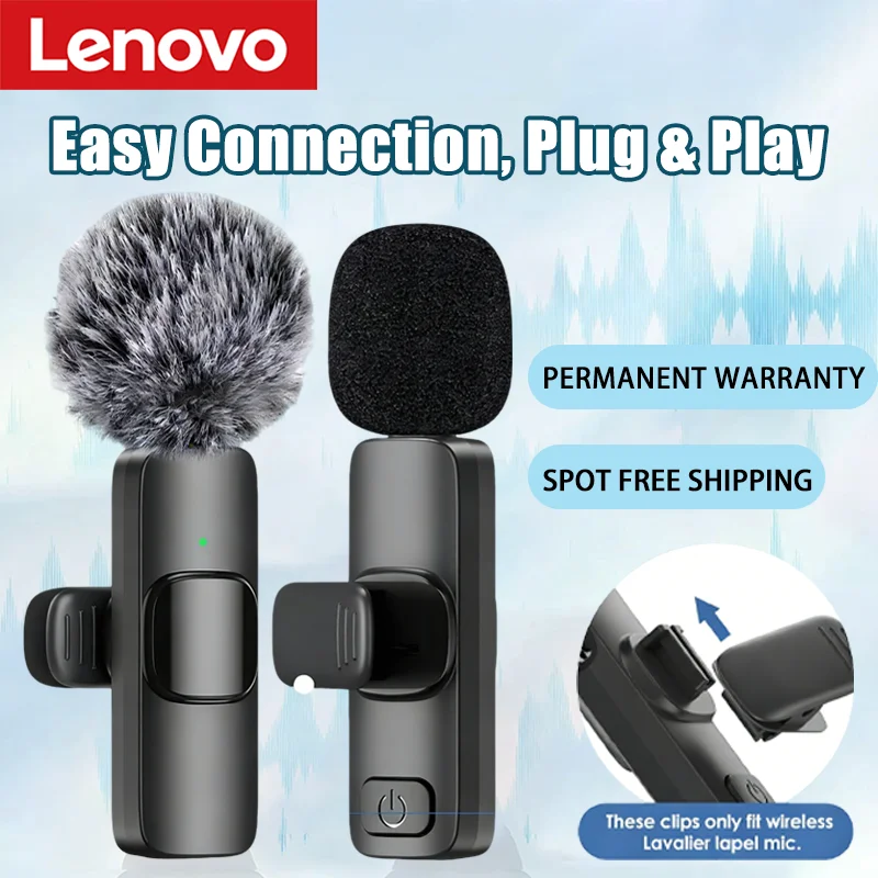 Microphone Lavalier Sans Fil Portable Lenovo Mini pour Diffusion en Direct, Jeux Vidéo, Enregistrement Audio et Vidéo, iPhone, Android