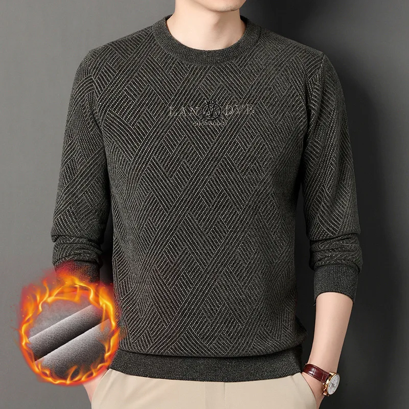 Winter New Chenille Solid Color round Neck Sweater Men's Fleece-lined Thickened Casual Sweater Warm Top