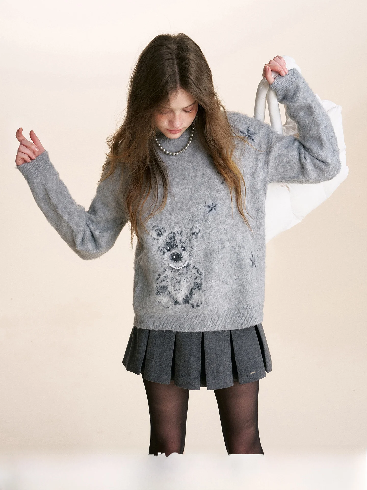 

Kroche Bear Print Fce Blend Long Sve round Ne Pullover Thiened Autumn Winter Women's Knitwear Soft Cozy Loose Fit