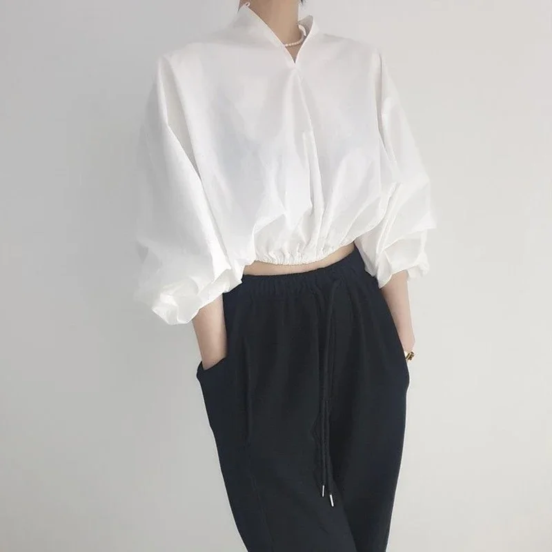 Elegant Cropped White Shirts Women Vintage Korean Lantern Sleeve Blouses Office Ladies Aesthetic Casual All Match Chic Tops New