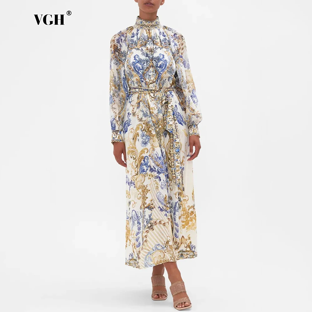 

VGH Hit Color Print Slimming Elegant Dresses For Women Stand Collar Long Sleeve High Waist Spliced Lace Up Vintage Dress Female