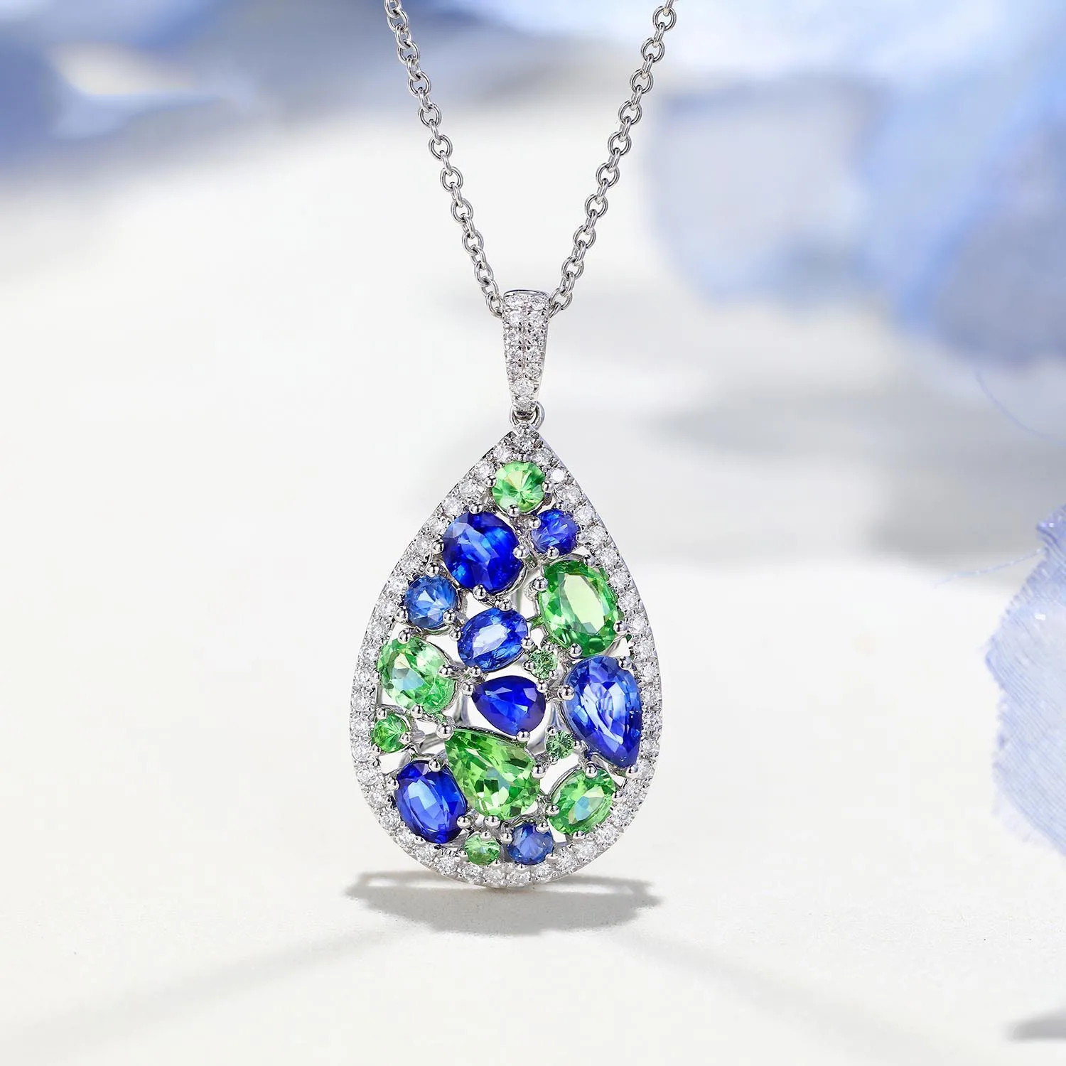 DIY accessories European and American Blue Emerald Tsavorite Diamond Pendant Open Ring Long Earrings Monet's Garden Treasure Set