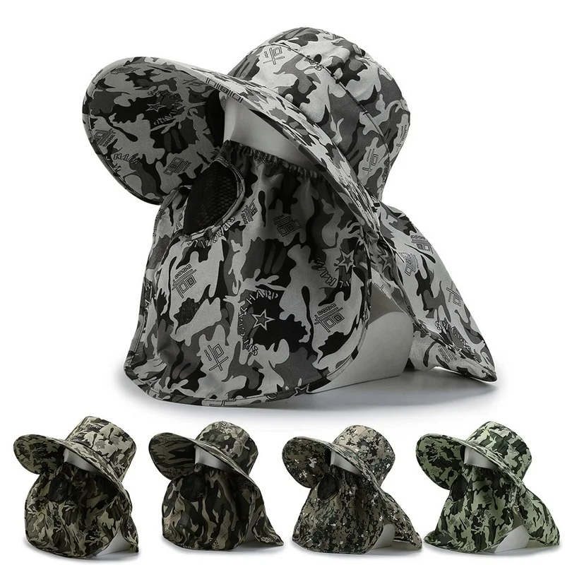 Removable Camouflage Sun Hat Men Tactical Cap Sun Protection Caps Camouflage Outdoor Sports Sun Bucket Cap Hiking Hunting Hats