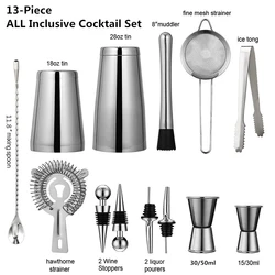 13Pcs/Set Stainless Steel Cocktail Shaker Ice Tong Mixer Drink Boston Bartender Browser Kit Bars Set Professional Bar Tool