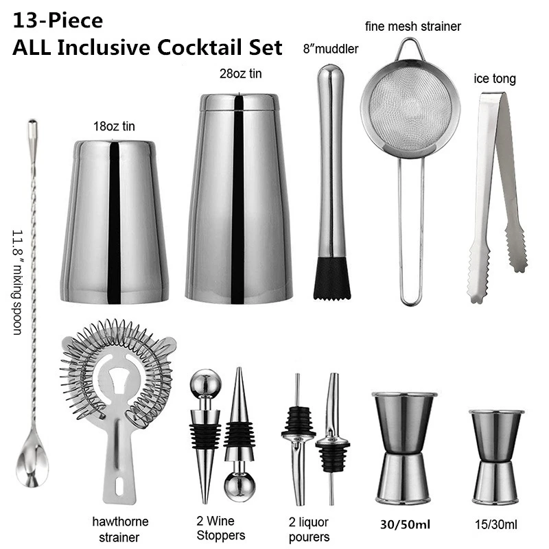 13Pcs/Set Stainless Steel Cocktail Shaker Ice Tong Mixer Drink Boston Bartender Browser Kit Bars Set Professional Bar Tool
