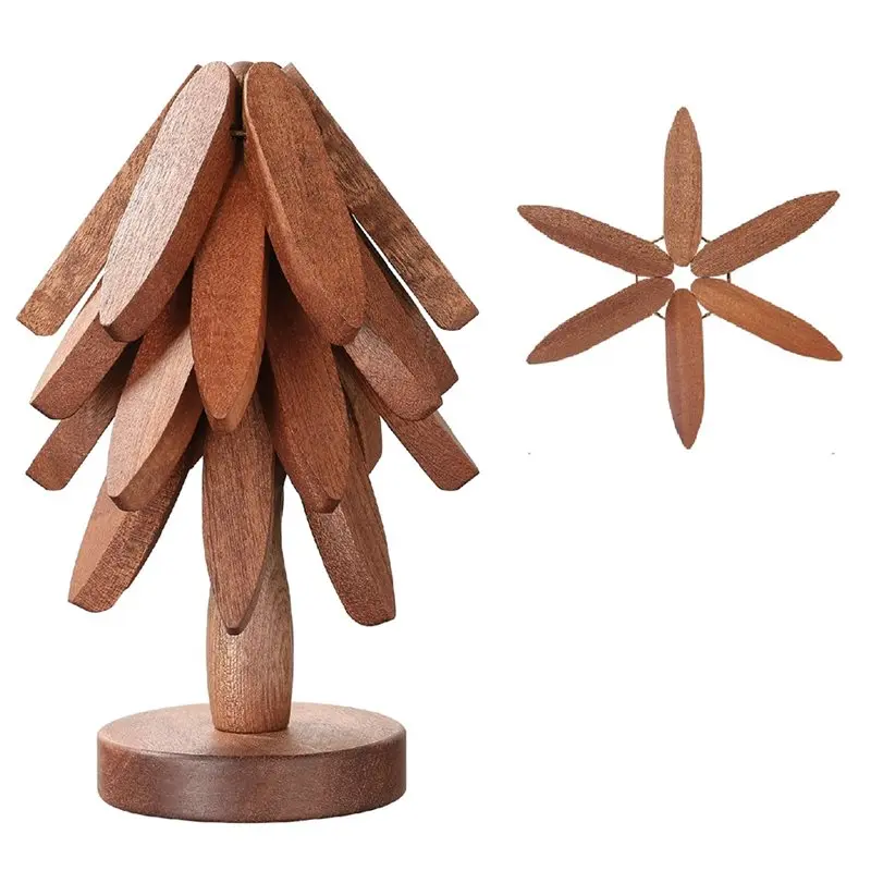 

ABMH-Wood Christmas Tree Trivet Set - Includes 5 Foldable Coasters & 1 Stand, Perfect For Hot Dishes And Table Protection