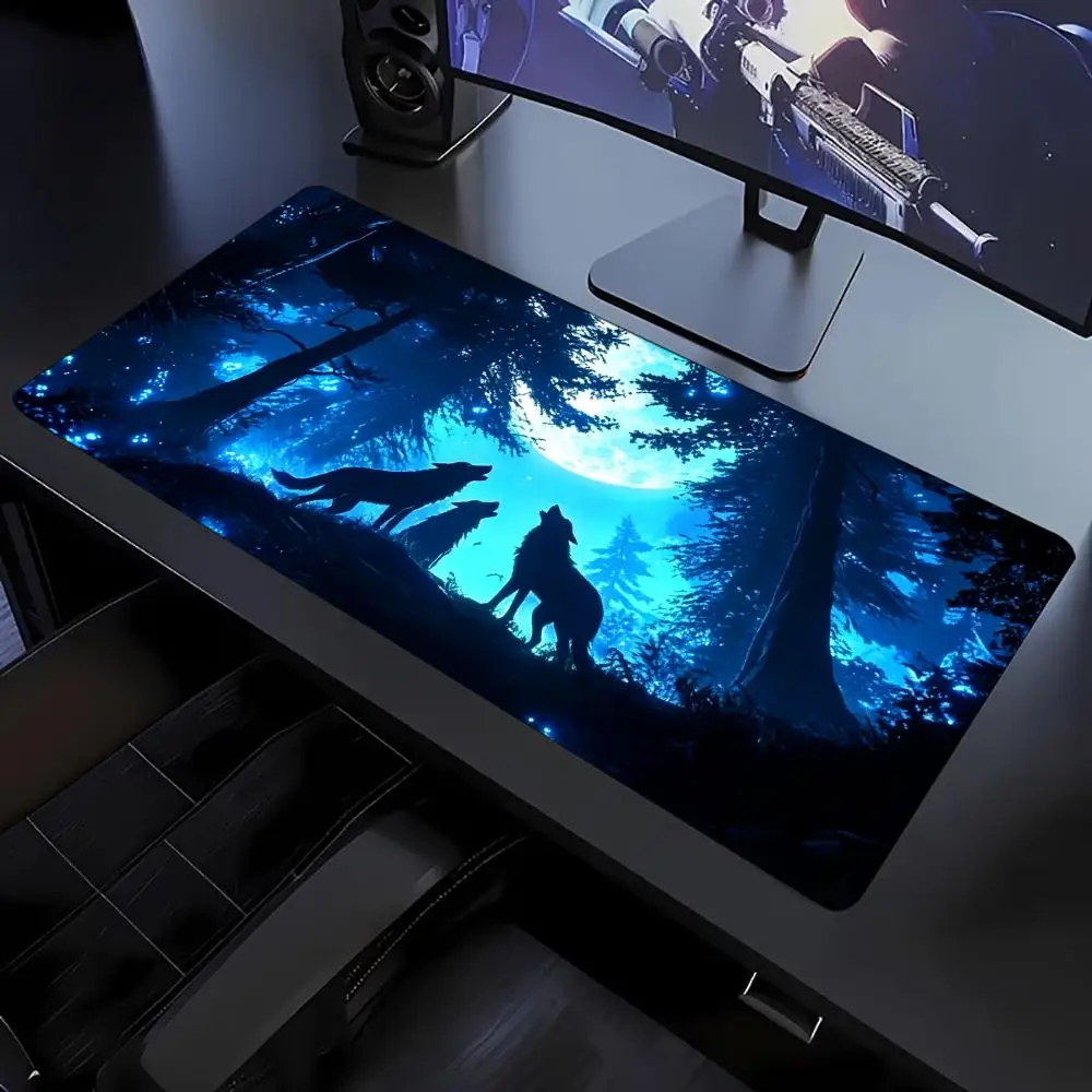 Howling Wolf Moon Forest Large Desk Mouse Pad Non Slip Rubber Keyboard Mat Desktop Decor For Office Laptop Gaming Workstation