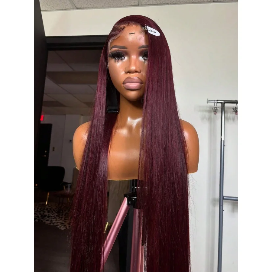 200% 99J Burgundy Lace Frontal Wig 13x4 Straight Lace Front Wig HD Transparent Lace Wine 99J Colored Pre Plucked With Baby Hair image 6
