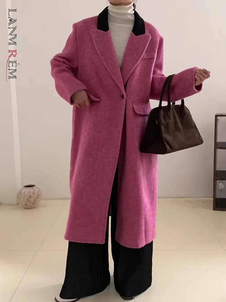 LANMREM Winter Office Lady Woolen Long Coat Women's Contrast Color Notched Collar Single Button Clothing Fashion New 2VV1891