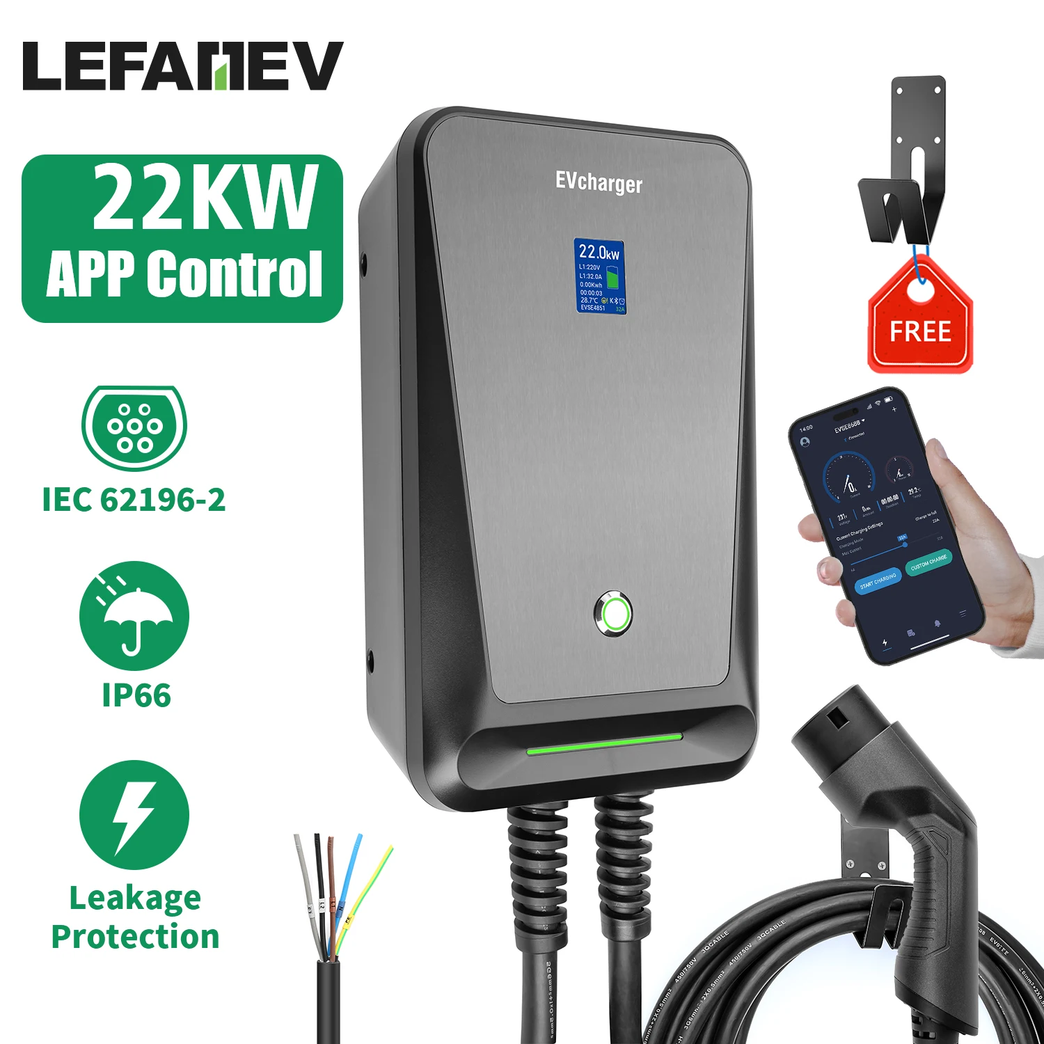 Lefanev-estación de carga EV tipo 2, cargador trifásico para vehículo eléctrico, 32A, EVSE Wallbox, 22kW, con Cable IEC 62196