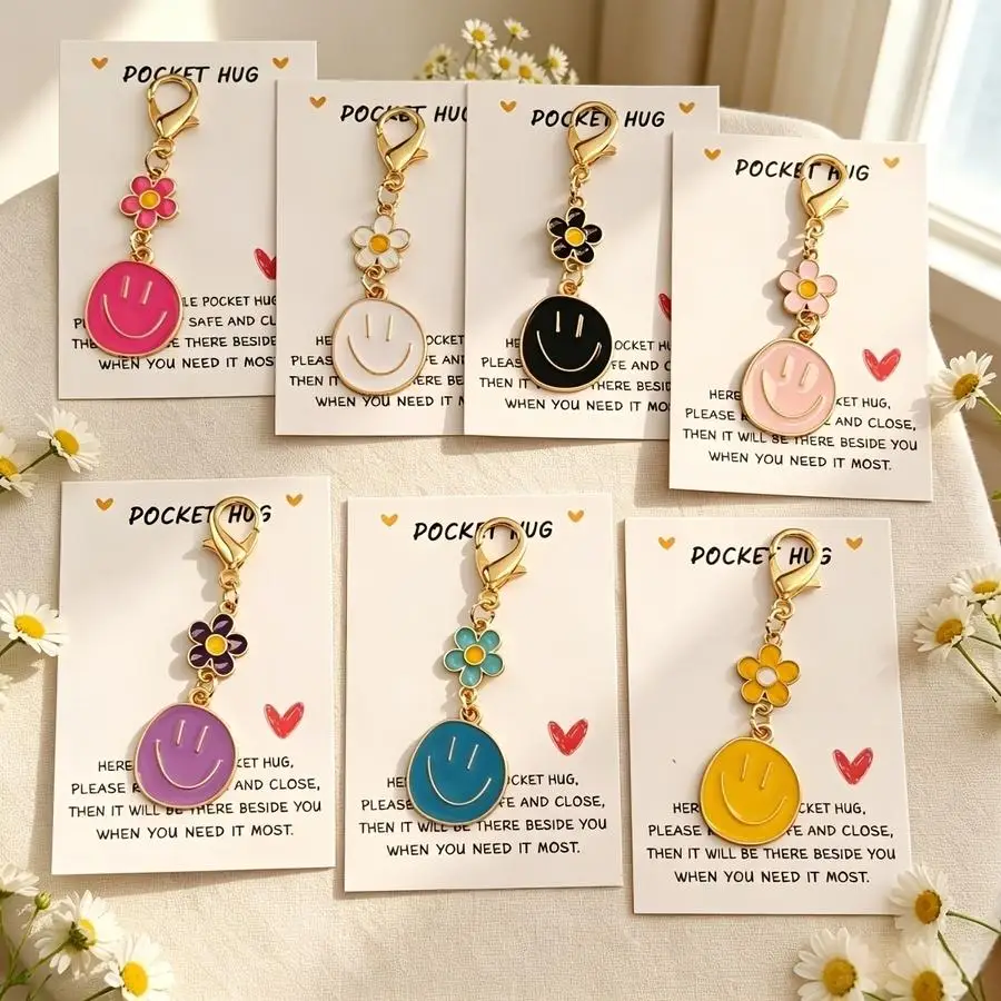 1/5/10/20/50/100pcs Set of 7 Colorful Car Keychains with Happy, Cheerful Faces - Metal Car Keychain Charms with Cheerful Faces a