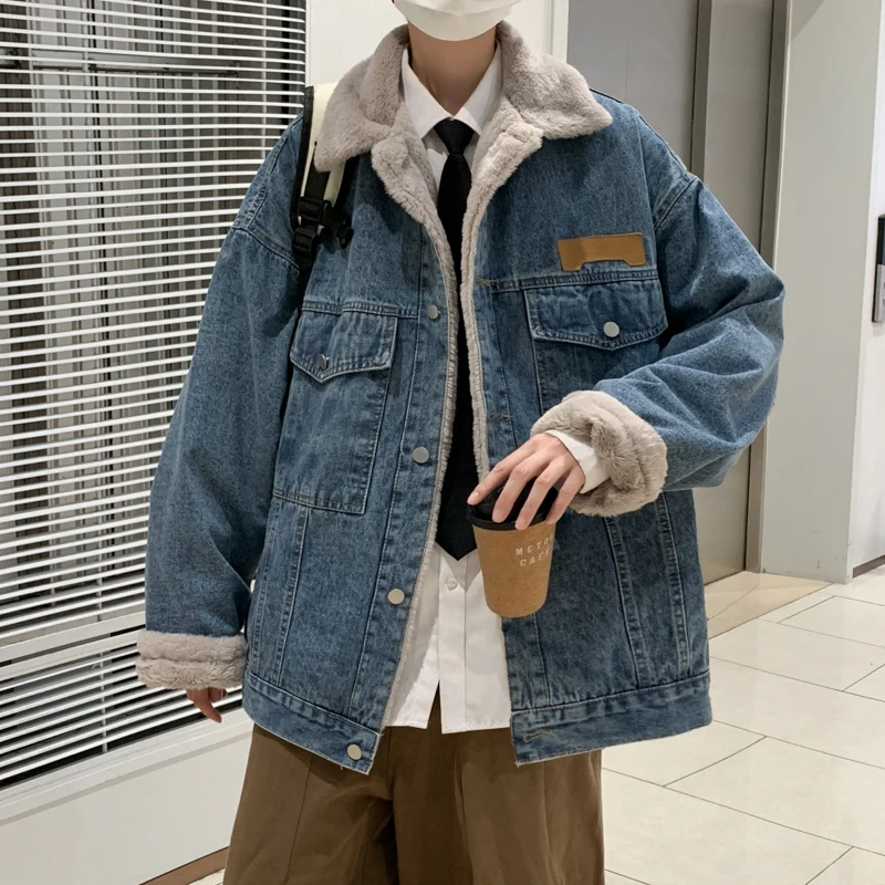 Thickened Fleece Denim Jacket Unisex Winter American Retro Workwear INS Lamb Cotton Popular Brand Couple Cotton Coat