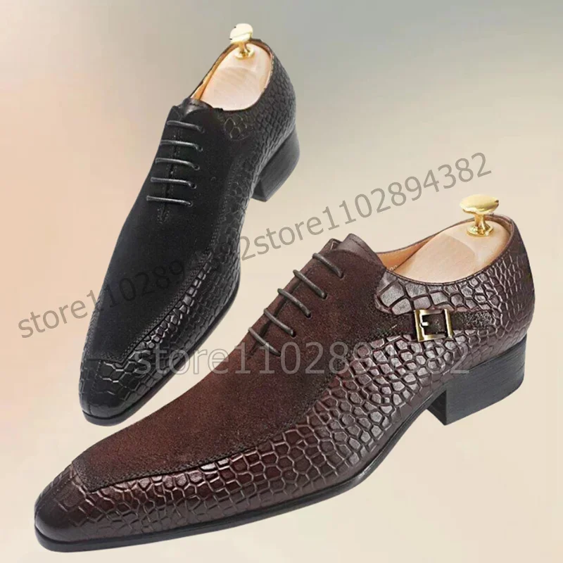 

Brown Black Alligator Print Patchwork Buckle Decor Men Shoes Fashion Slip On Male Shoes Luxurious Handmade Party Men Dress Shoes