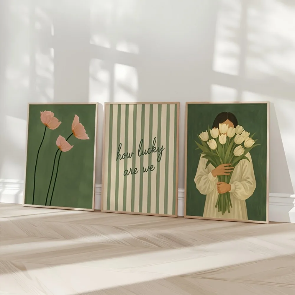 3pcs frameless Canvas Painting 3pcs Romantic Love Quotes Poster,Retro Green Striped Simple Floral Bohemian,Peony Plant Art,Frame