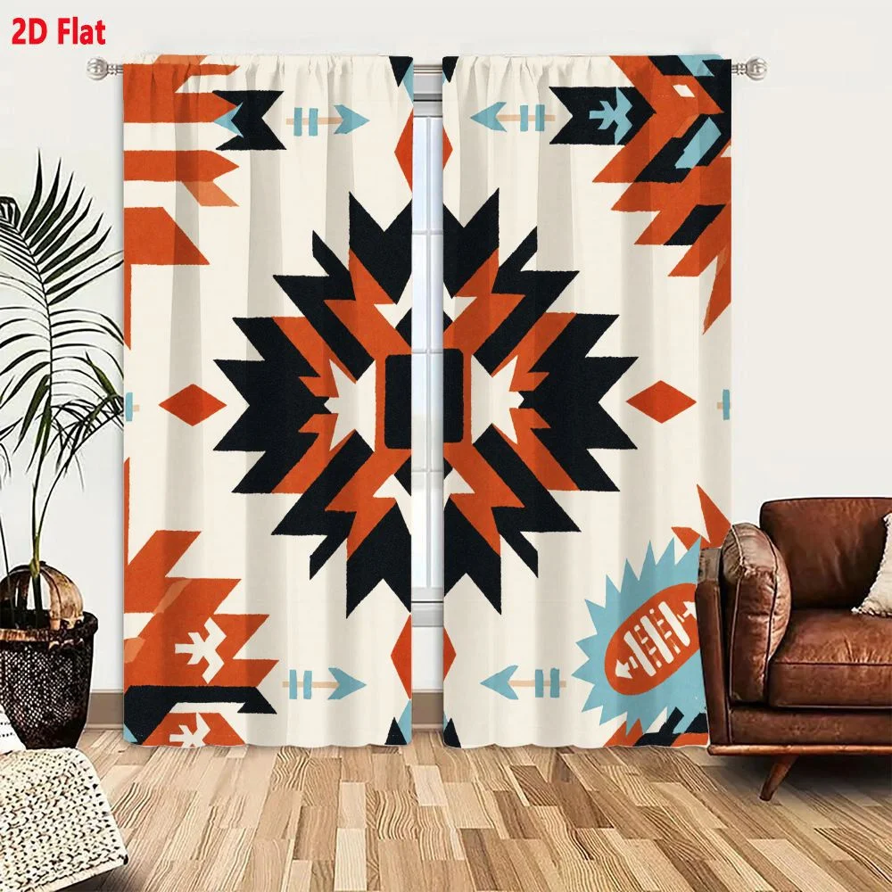 2Pcs Curtains 2D Flat Southwestern Native American Inspired Geometric Pattern Beige Background With Orange Black White Blue Shap