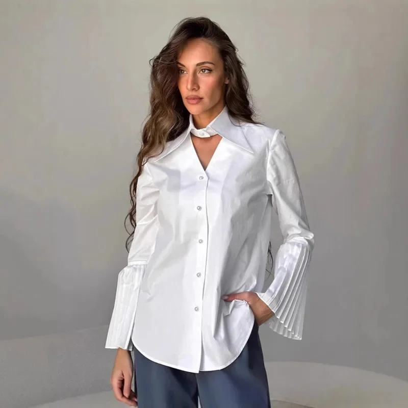 Women Fashion White Cotton Shirt With Unique Pleated Bell Sleeves V Neck Collar Long Sleeve Elegant Fall Blouse French Chic Look